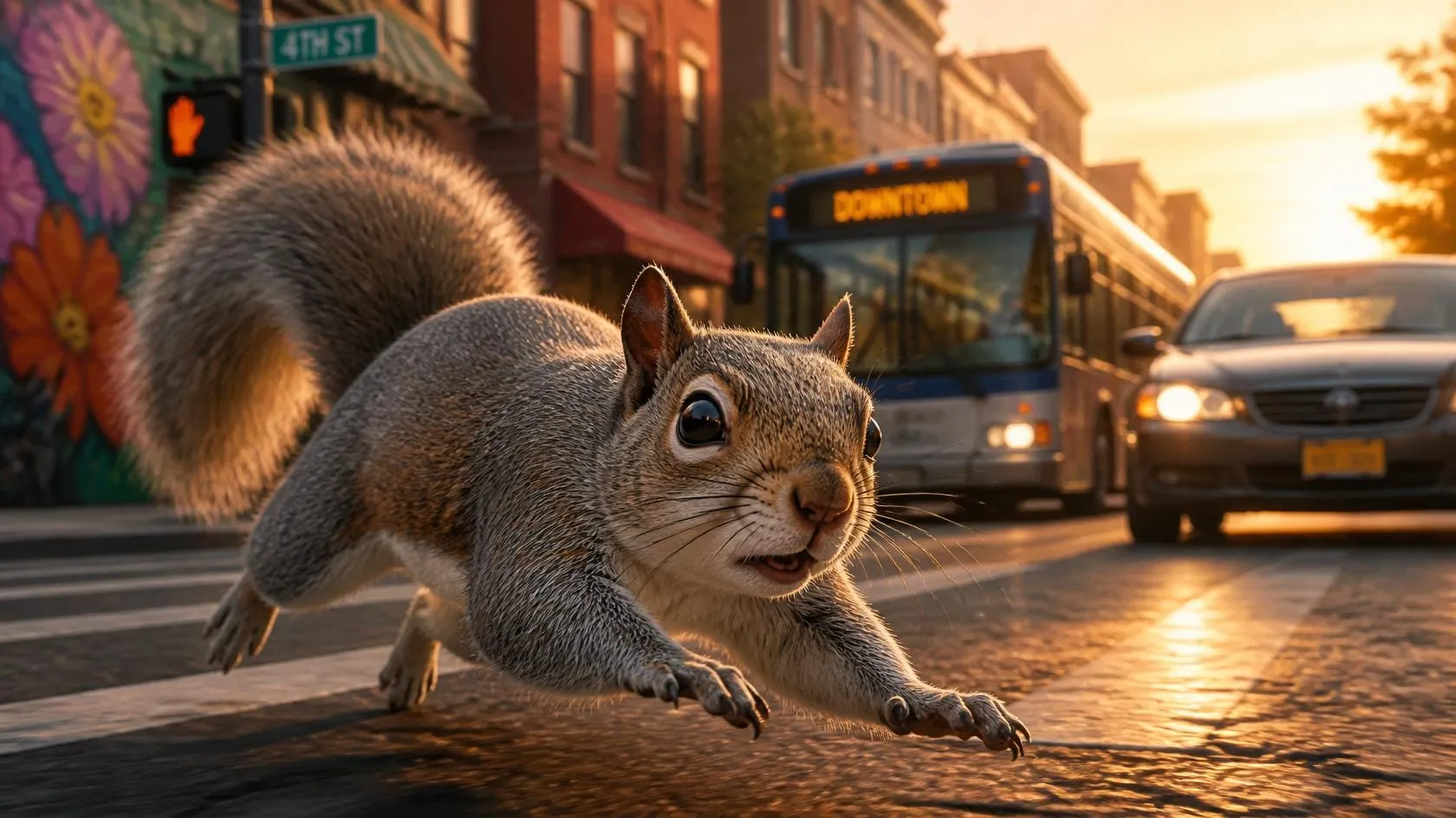 A squirrel scrambling across a street in front of oncoming traffic.