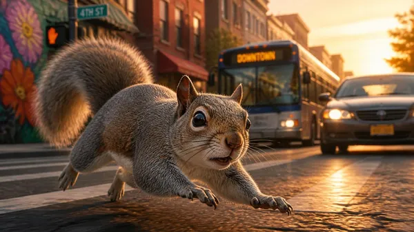 A squirrel scrambling across a street in front of oncoming traffic.