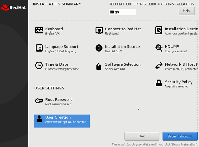 Red Hat Enterprise Linux 8 Installation Summary Complete