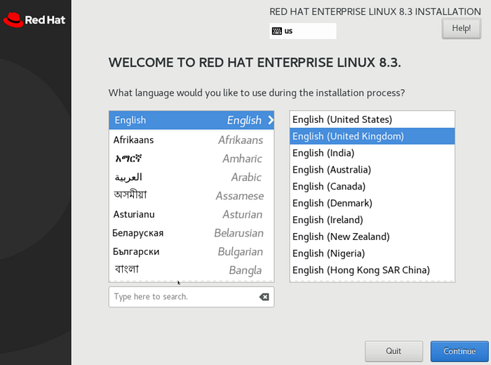 Red Hat Enterprise Linux 8 Language Select