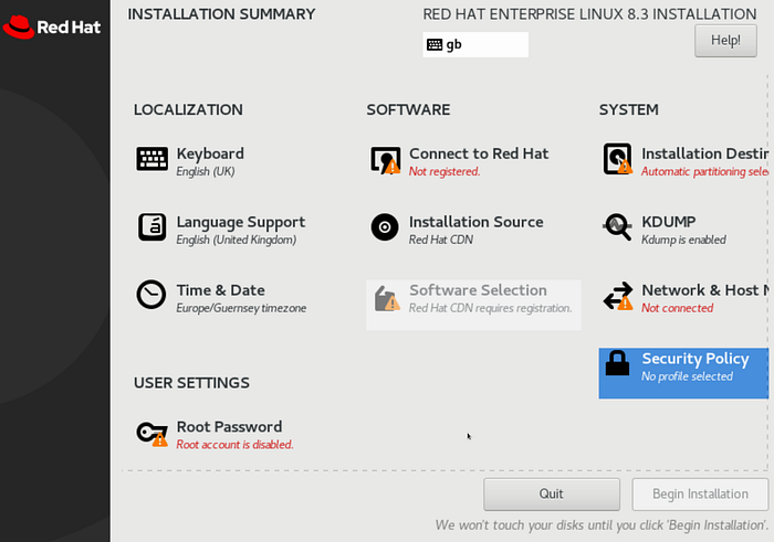 Red Hat Enterprise Linux 8 Installation Summary