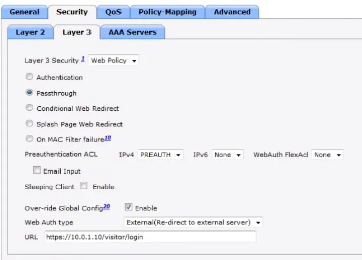 WLAN Layer 3 Passthrough settings