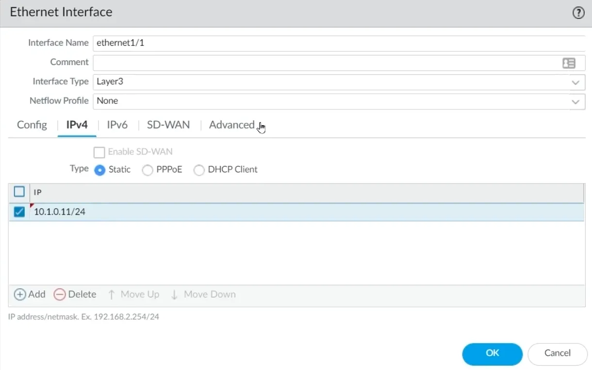 Palo Alto Ethernet Interface IPv4 Configuration