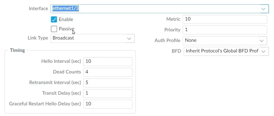 Palo Alto OSPF Configuration Details