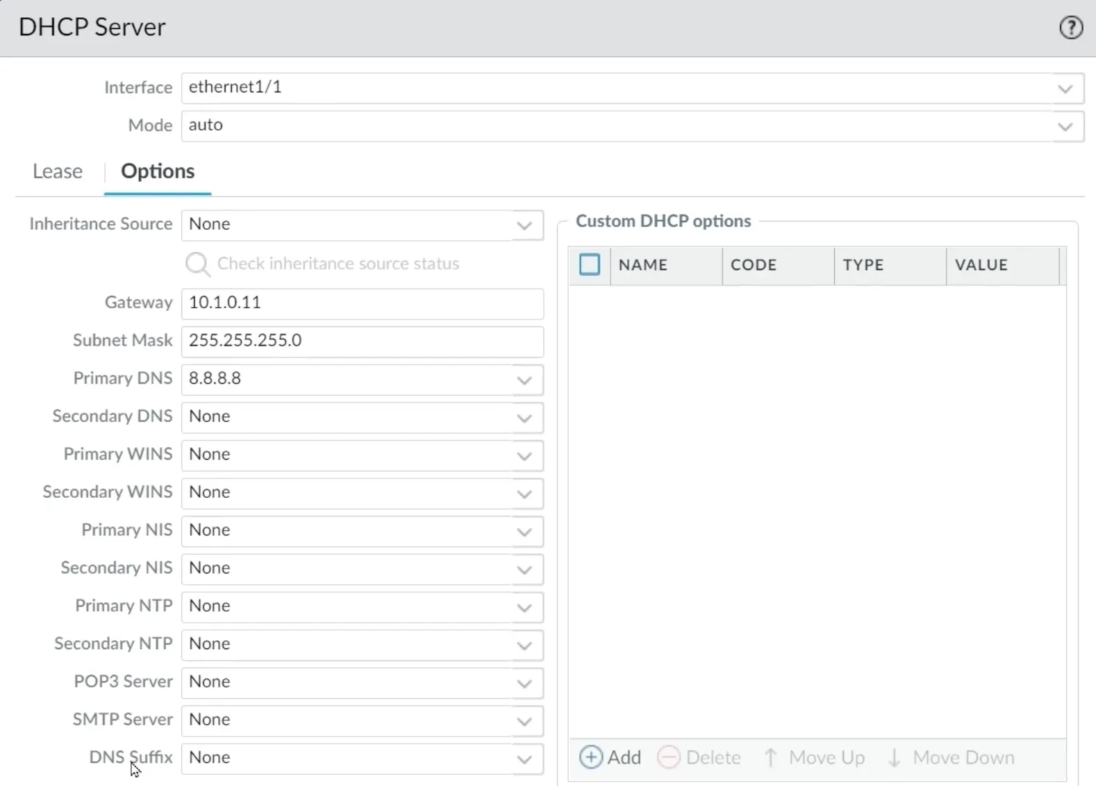Palo Alto DHCP Server Options