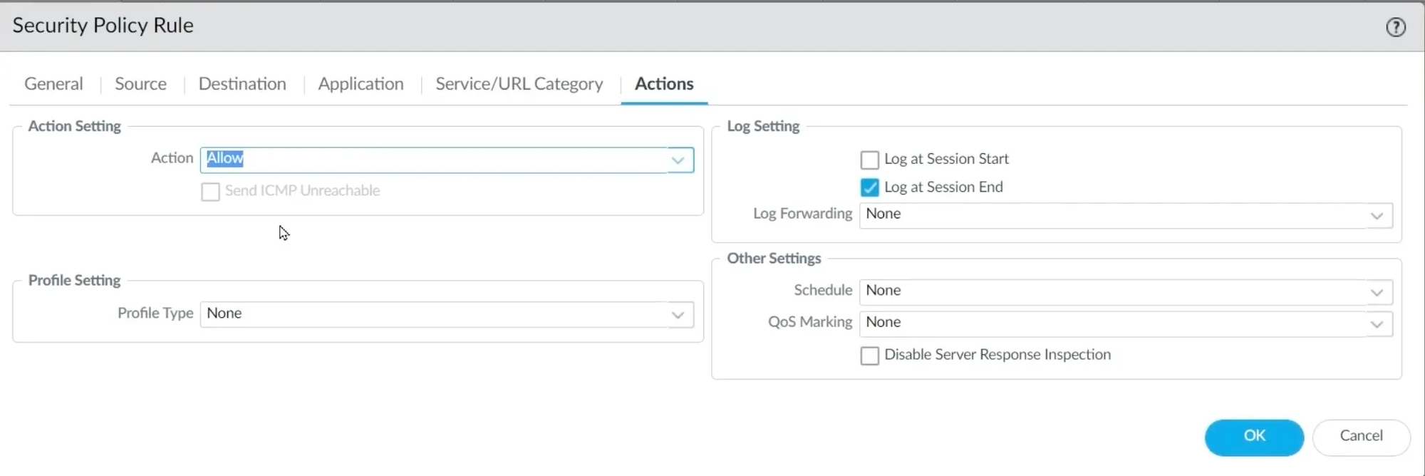 Palo Alto Security Policy Rule Actions