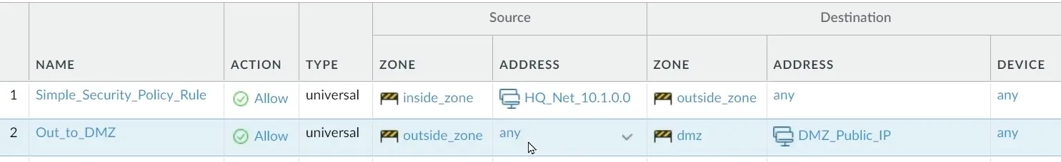 Outside to DMZ server rule