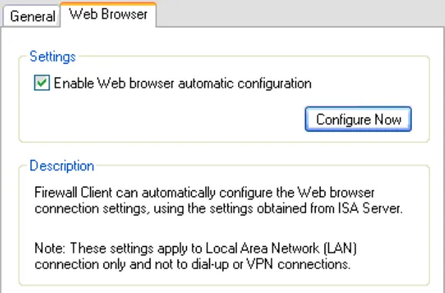 Microsoft Firewall Client Web Browser Settings