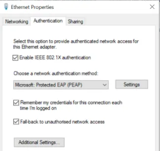 Ethernet Properties Authentication