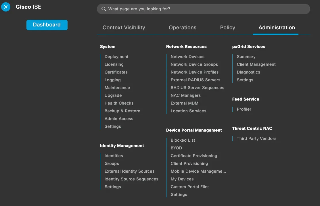 Cisco ISE Administration Menu