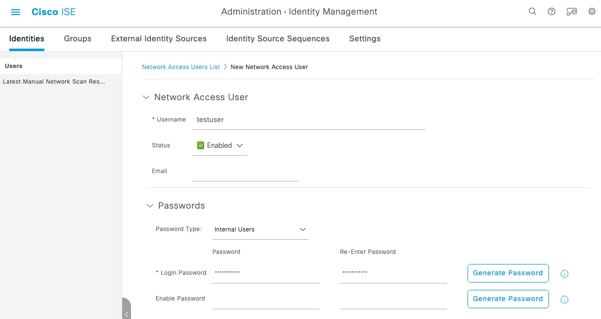 Cisco ISE Add Network Access User