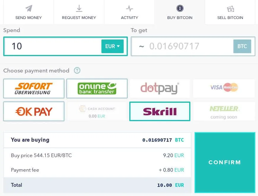Payment options for Bitcoins at Cubits