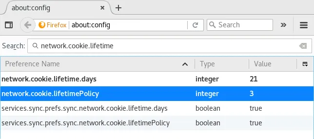 Screenshot showing about:config listing these options
