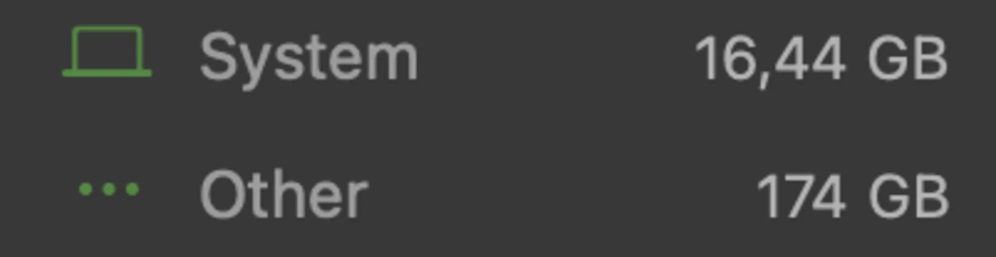 Storage Management showing 174 GB of “other.”