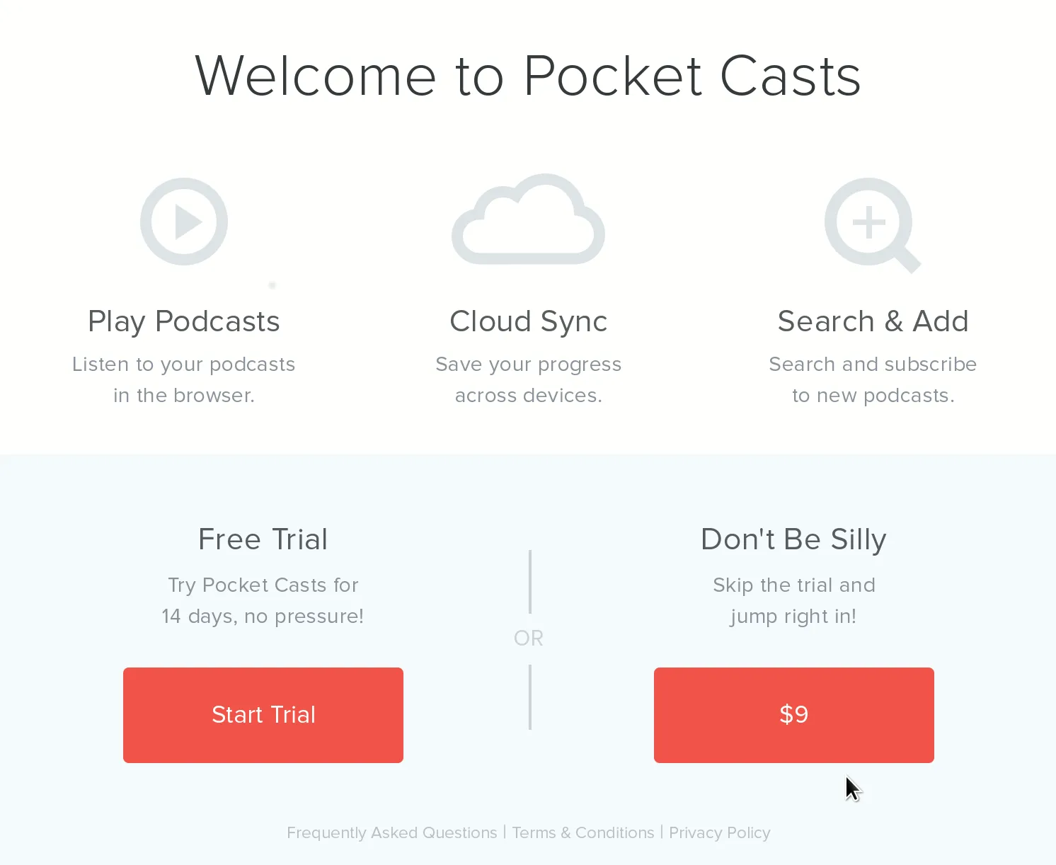 Welcome to Pocket Casts: Multiple choices dialog between free trial and immediately pay the one-time service fee