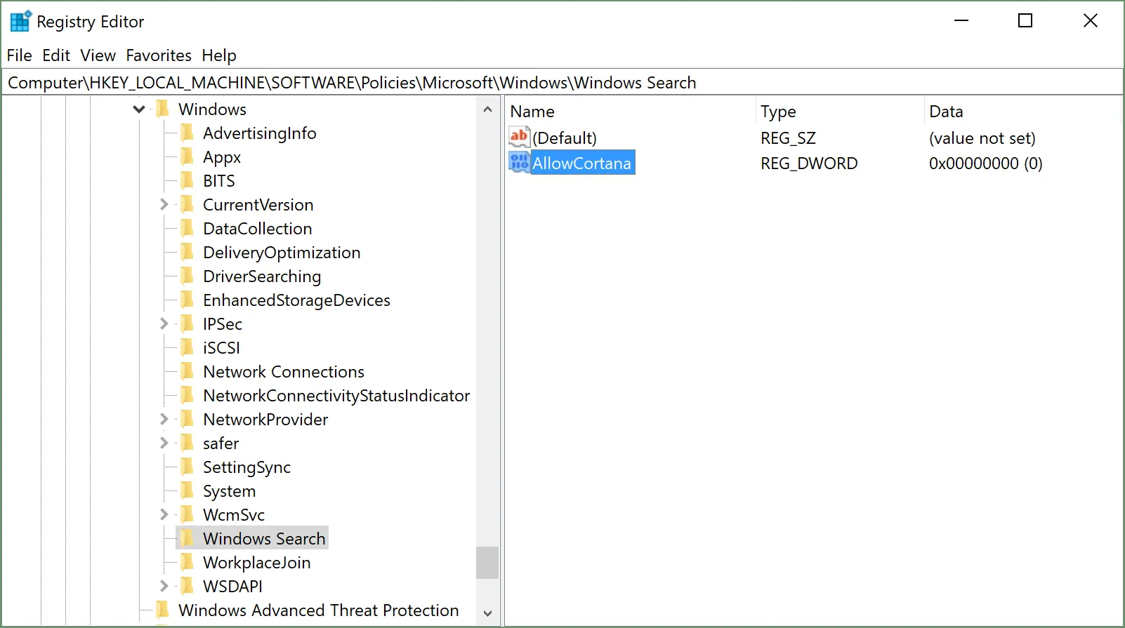 showing Registry modifications to the Windows Search: AllowCortana key