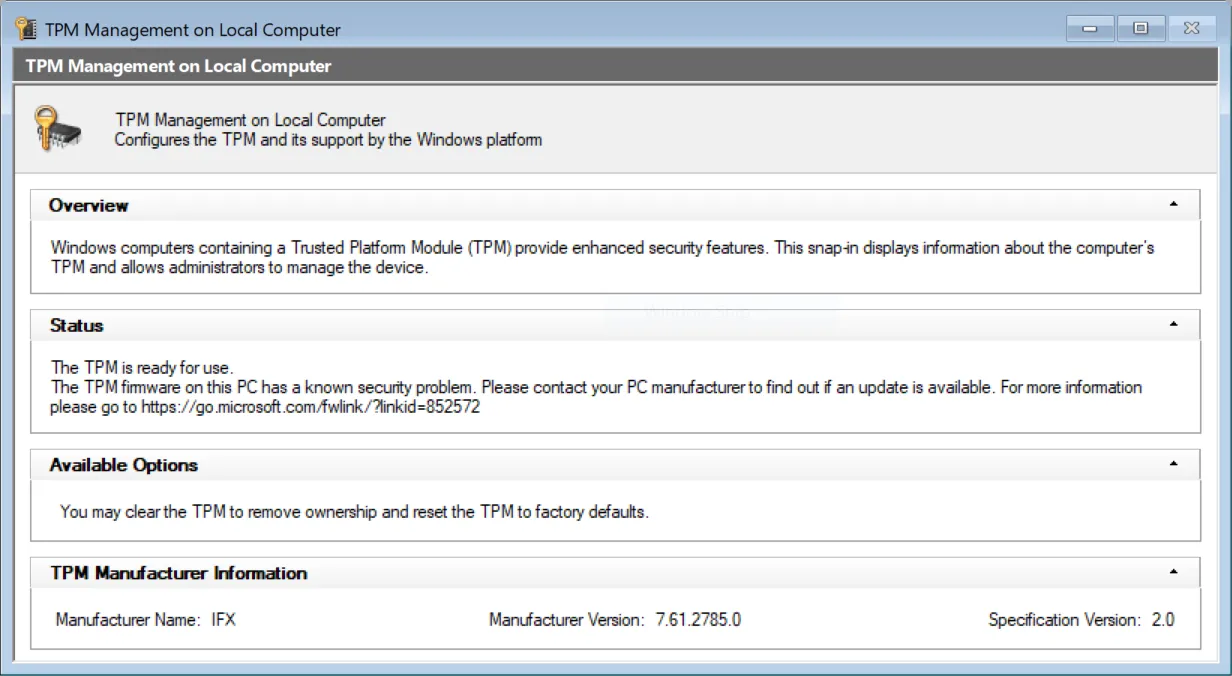 Windows TPM Management identifying Infineon vulnerability
