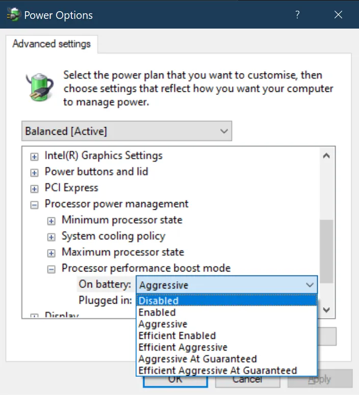 Advanced processor performance boost mode options dialog.
