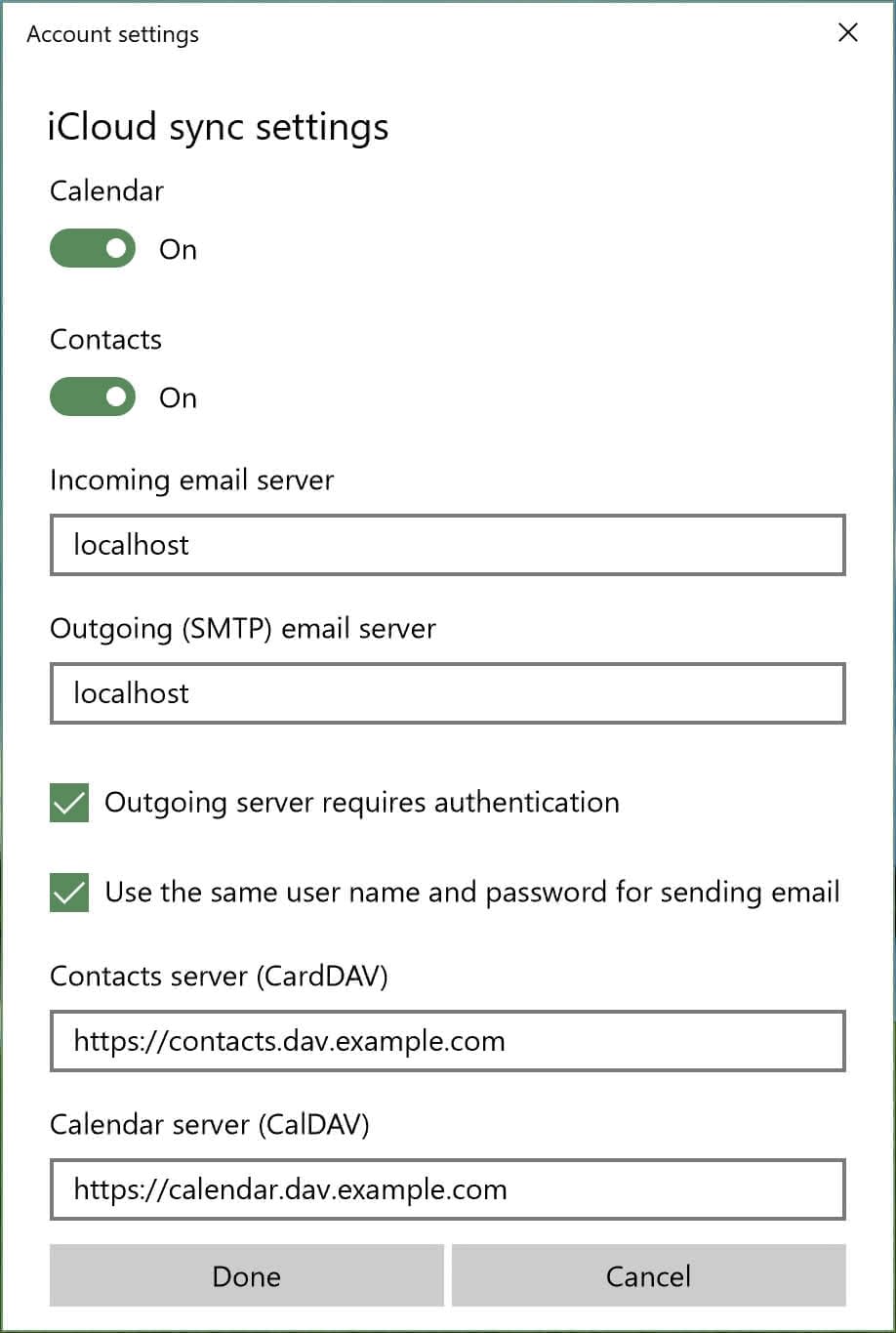 Advanced settings of Add iCloud account dialog in Windows 10