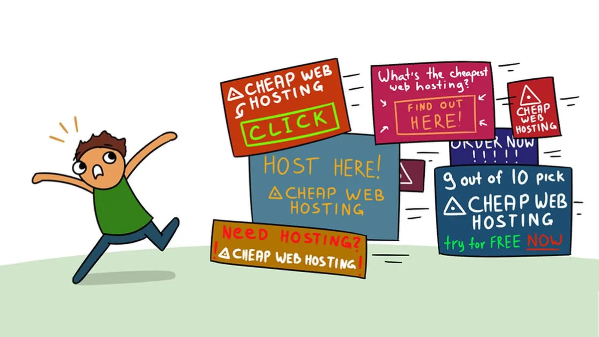 A carton character fleeing several web advertisements that chase him.