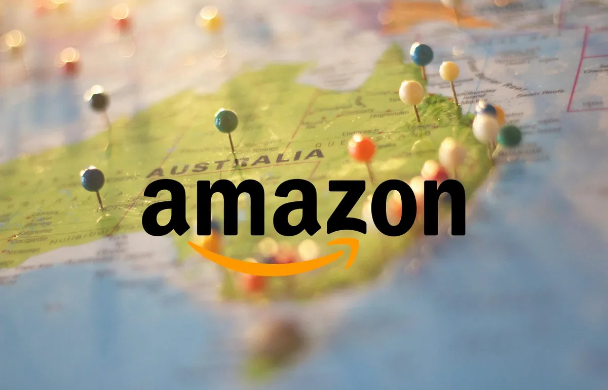 The Amazon logo in front of a map of Australia.