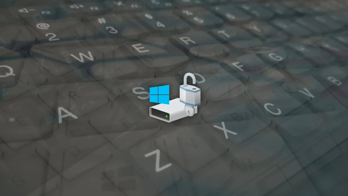 The Windows BitLocker icon with a composite image of different computer keyboards shown in the background.
