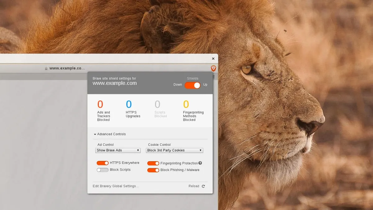 The Brave Rewards pop-out window shown in front of a web browser window. A lion is shown in the background (the Brave logo).