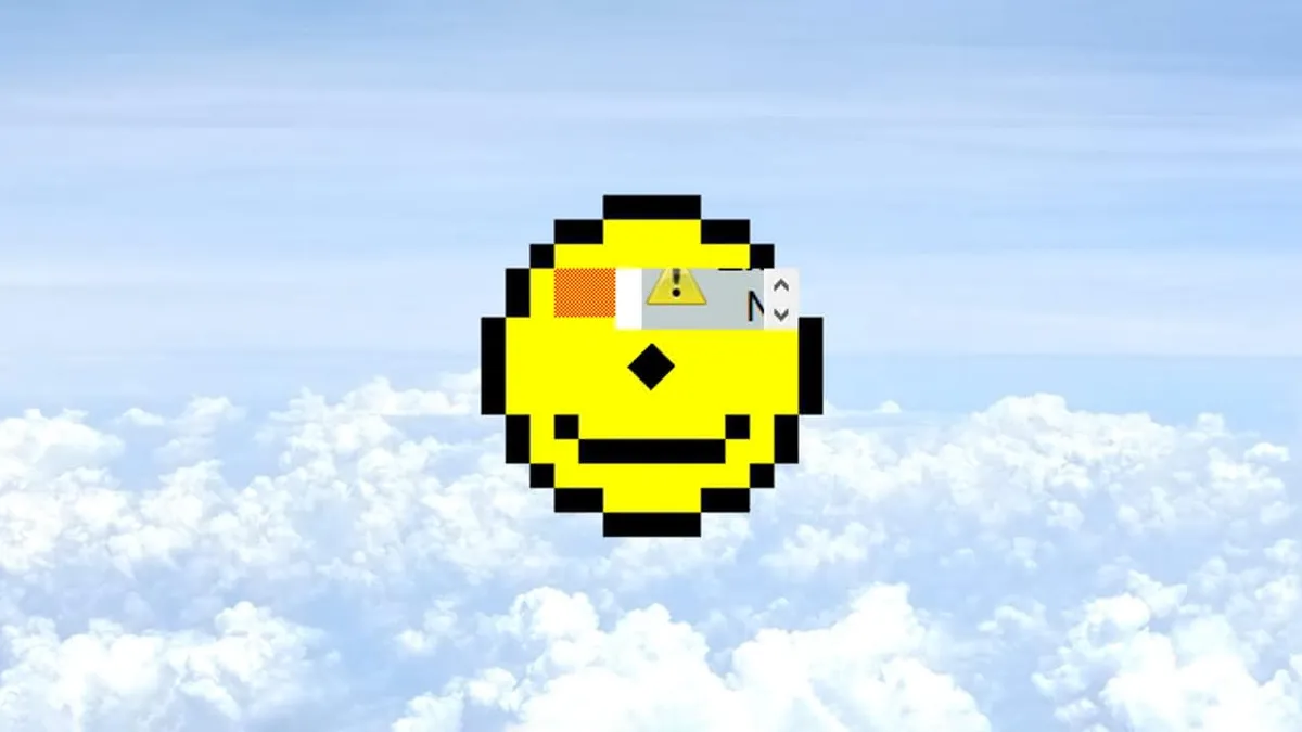 A yellow smiley face with one red eye and the other rendered as a content-loading warning. This is a failed rendering of the ACID2 rendering-engine test.