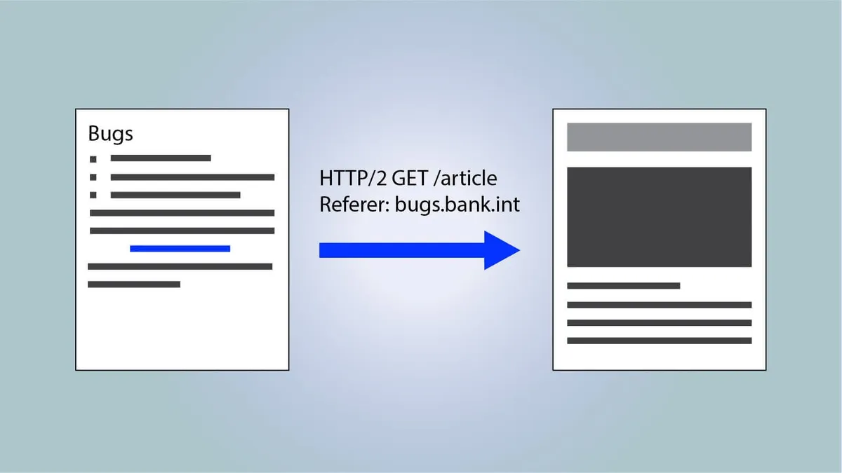 Illustration showing two webpages. The first webpage is titled “Bugs” and contains some nondistinct text and a link. An arrow points from the first page to the second webpage. The arrow is…