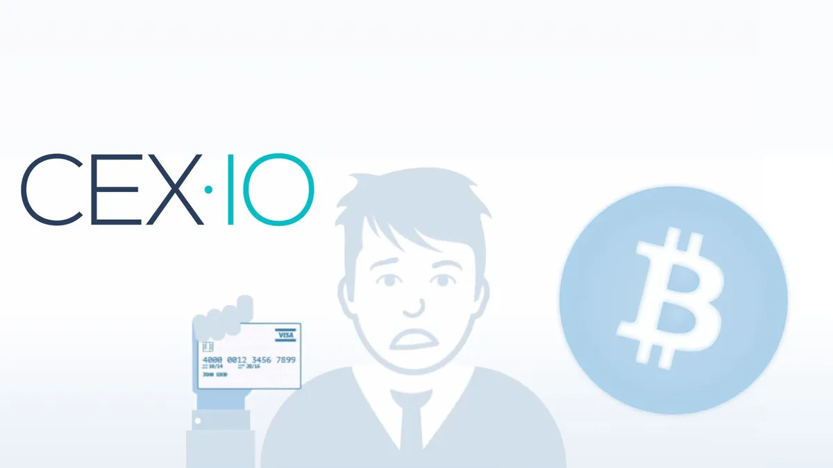 An unhappy man holding up his identification card. The Cex.io and Bitcon icons are hovering next to him.