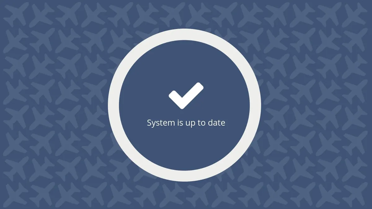 A check-mark and the words “Software up to date” circled with a repeating pattern of stylized airplane icons in the background.