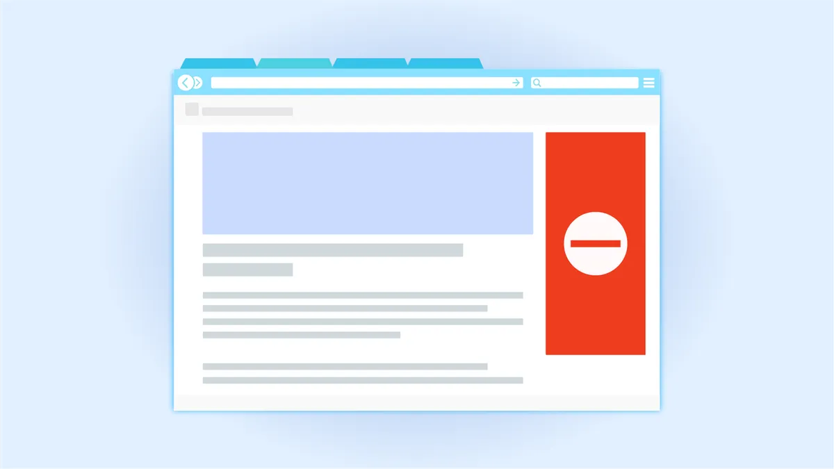 An illustration of a website with one area to the right of the main page content covered by a red square with a no-access sign.
