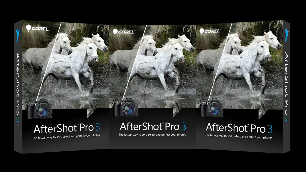 Three boxed copies of Corel’s AfterShot Pro 3.