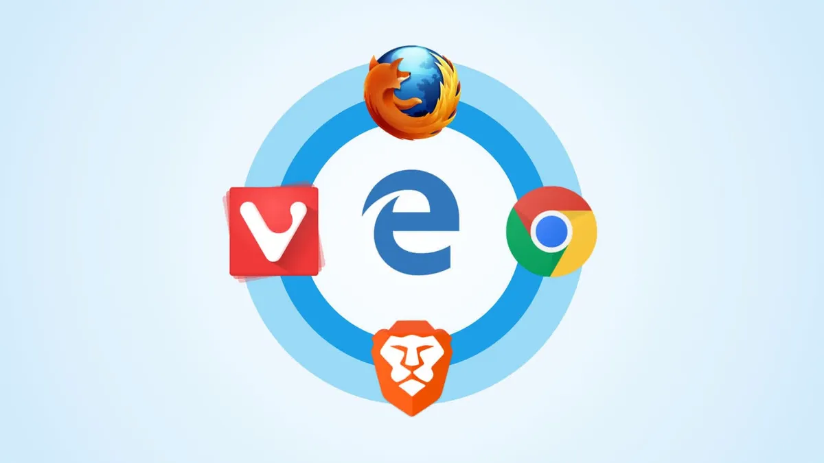The icons of web browsers Mozilla Firefox, Google Chrome, Brave, and Vivaldi set in a circle around Microsoft Edge in the center.