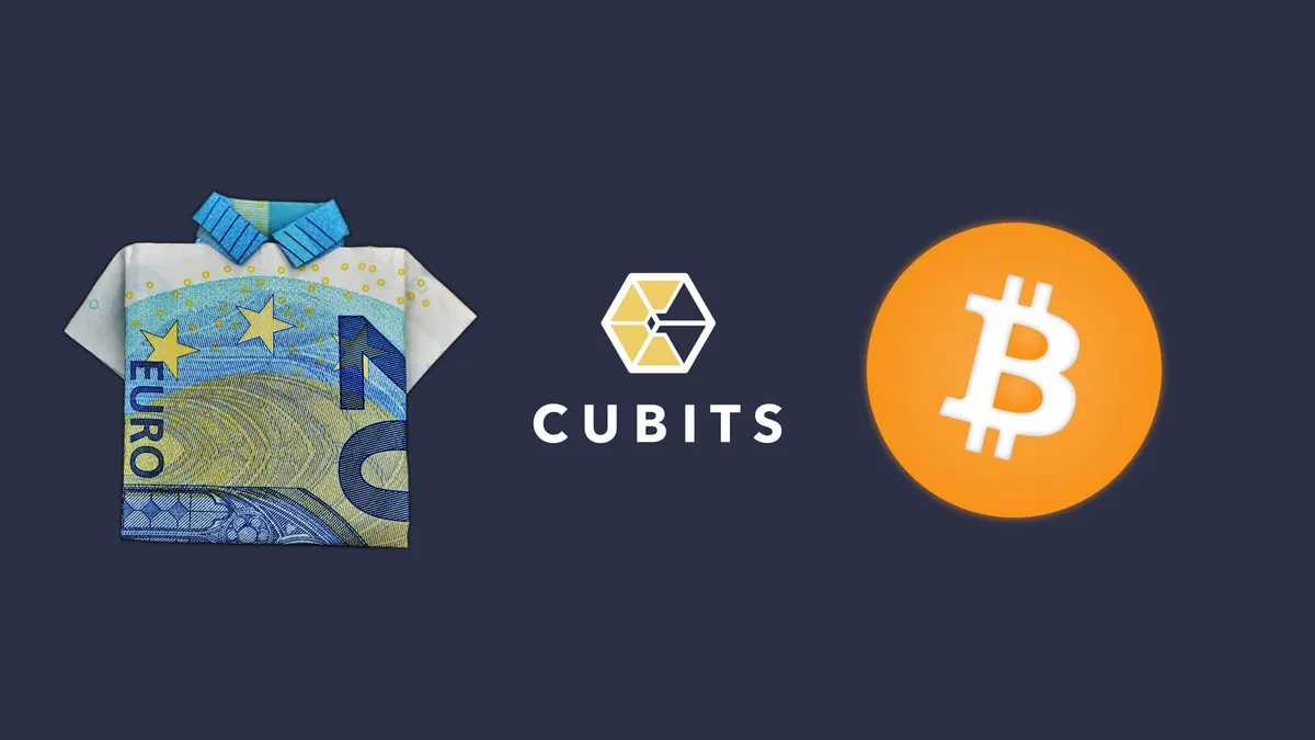The Cubits logo surrounded by a 20 Euro bill folded into a shirt and the Bitcoin logo.