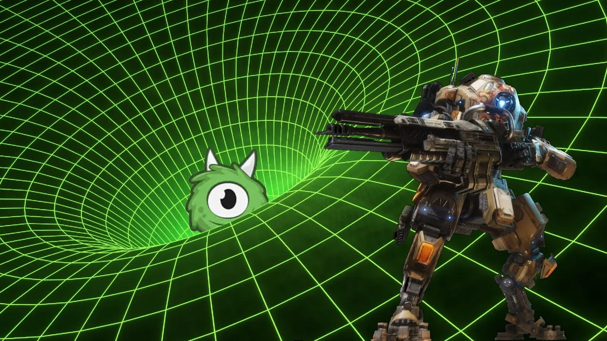The OnePlay logo poking out from a wormhole with a mech from the game Titanfall aiming at it.