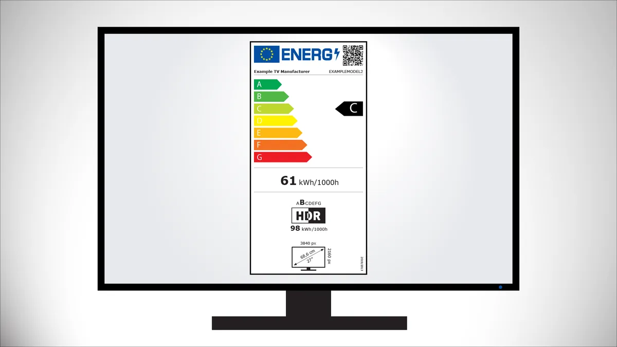 An electronic display with an EU Energy-Efficiency label in the middle of the screen.