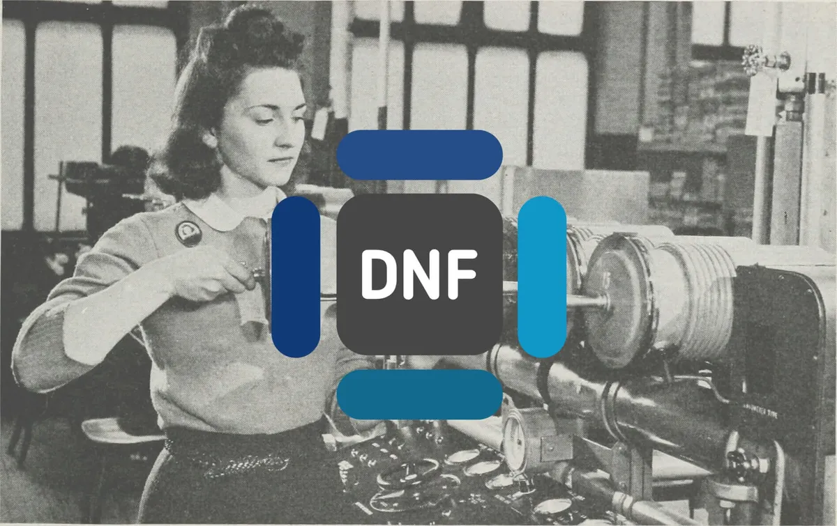 The DNF logo floating on top of a photo of a female machine operator.