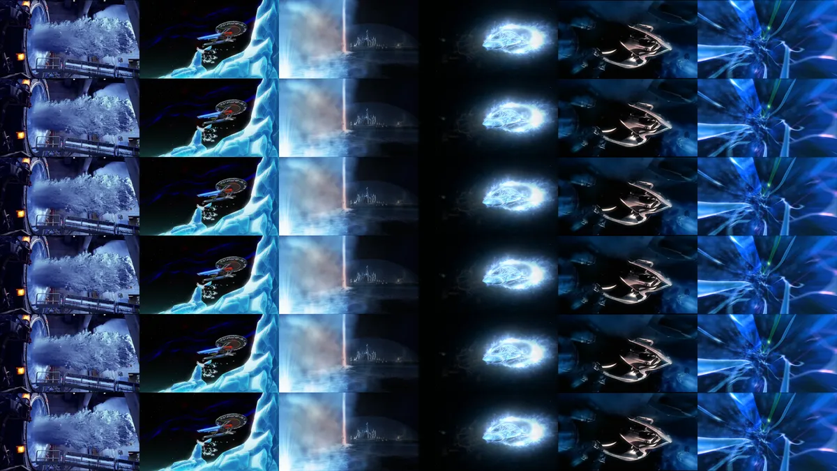 Repeating film rolls of repeated scenes from various sci-fi TV shows.