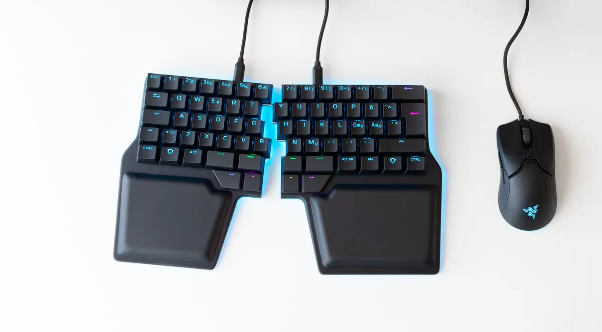 A keyboard physically split down the middle forming two separate boards; one for each hand.