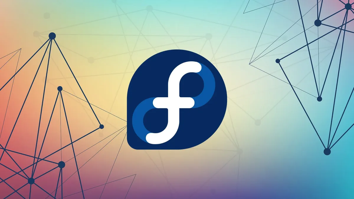 The Feodra Linux logo with interconnected nodes in the background.