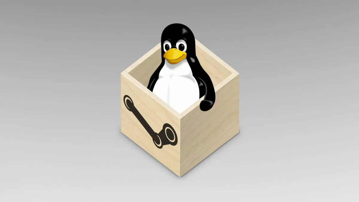 The Linux logo (“Tux the penguin”) poking up from inside the Flatpak logo (a box) with the Steam logo printed on one side.