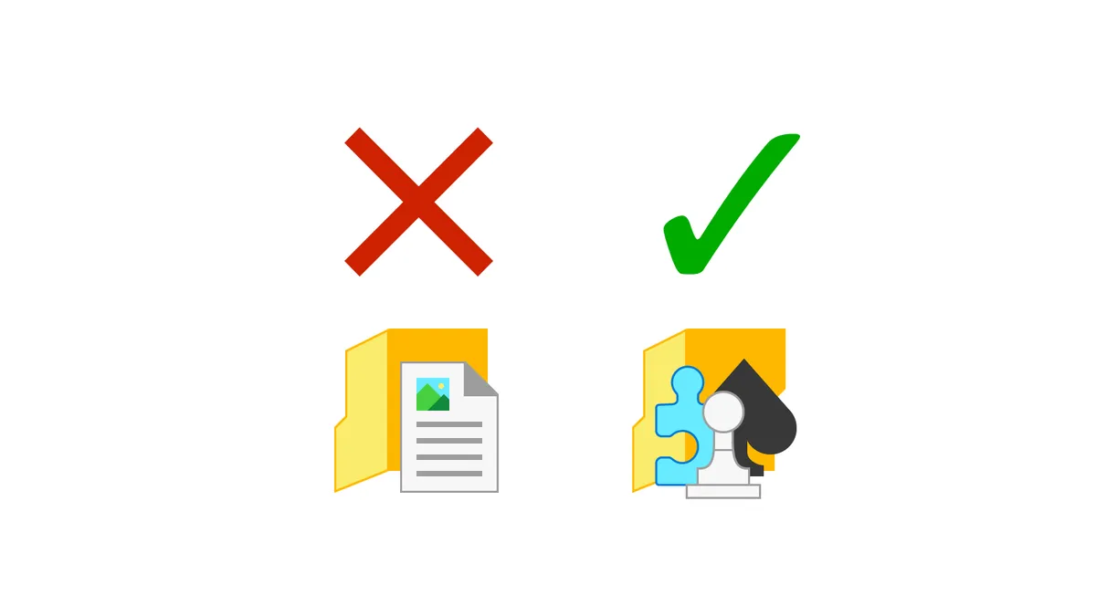 Two Windows 8 folder icons side-by-side. The first is the My Documents folder icon with a red X above it. The second is the My Games folder with a green checkmark above it.