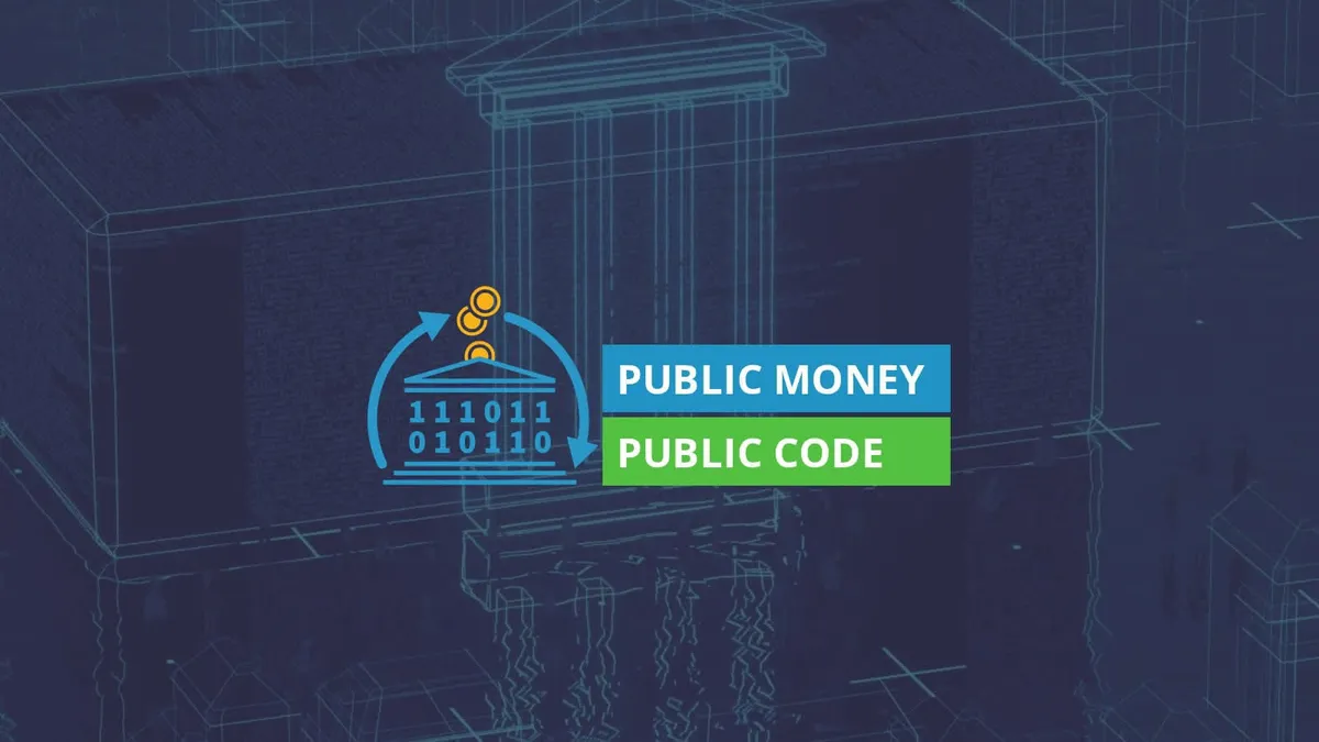 The text “Public Money; Public Code” next to a public building built of code with money circling around it.