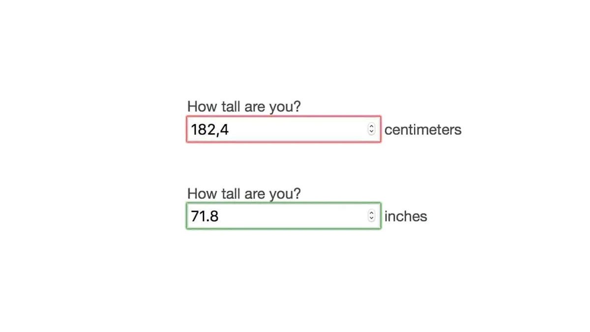 Two HTML number forms showing validation results of numeric input with a comma versus a period decimal-marker.