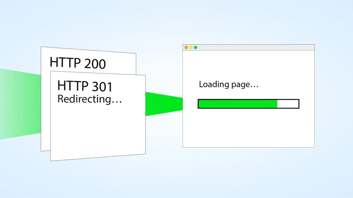 An illustration of a loading webpage receiving a bundle of two documents. The top document is titled “HTTP 301 Redirecting” and the one behind titled “HTTP 200”.