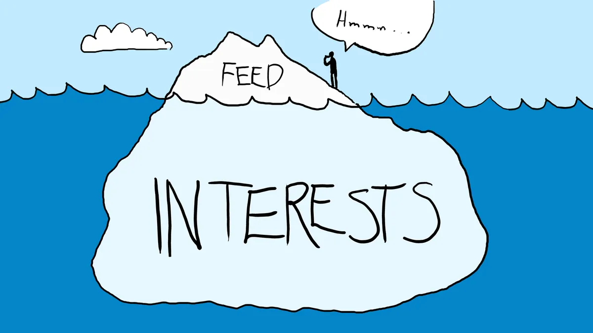 A cartoon of a man standing on a huge iceberg floating in the sea. The top 5 % of the iceberg is above water and labled “feed”, and the remaining  95 % is under water and labeled “interests”.