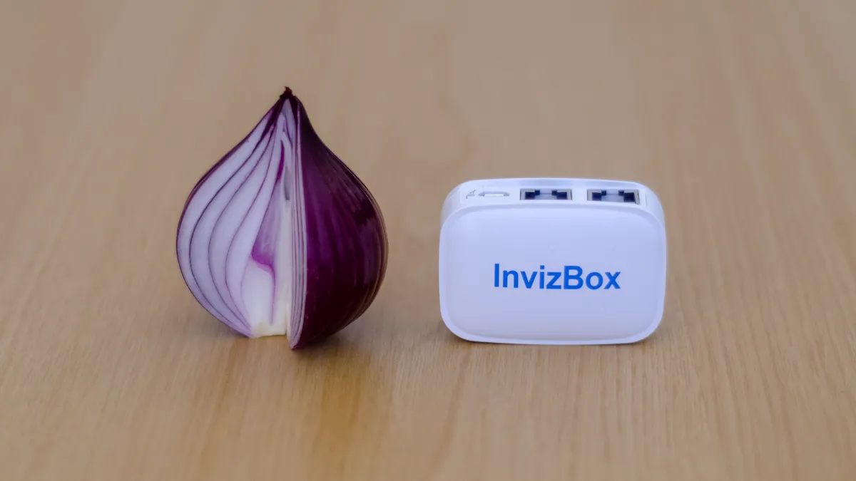 A quarter-cut red onion (like the Tor logo) next to a small white device labeled “Invizbox”.