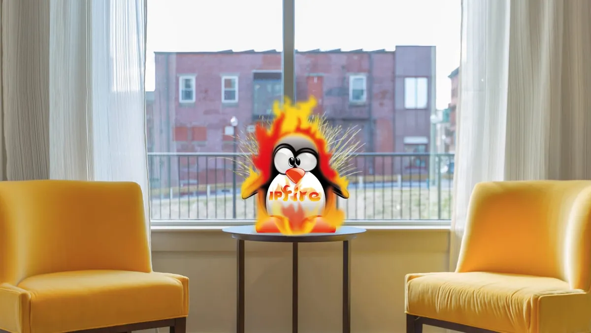 The IPFire logo resting on a living room table between two chairs.