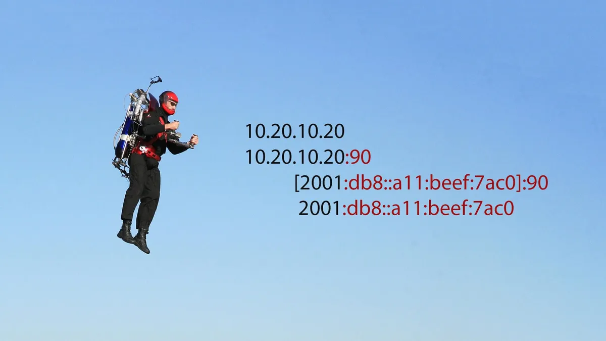 A man riding a jetpack. Next to him are four INetSocketAddresses being cut off at the first colon character. The two IPv4 addresses correctly split the address and port. The two IPv6…
